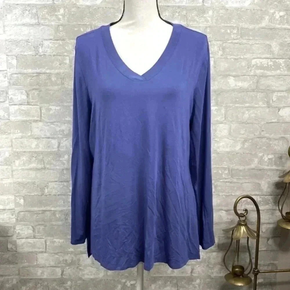 Halston essentials V neck slinky knit blue tunic shirt top blouse size LARGE
